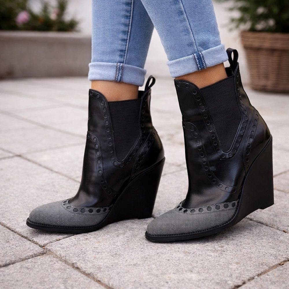 Alexander Wang Leather Wingtip Cowboy Wedge Booties